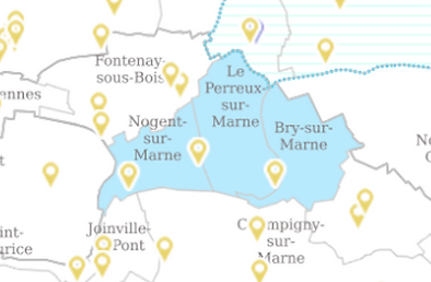 Carte du territoire de santé de la CPTS : Nogent-sur-Marne, Le Perreux-sur-Marne, Bry-sur -Marne (en bleu. Les autres communes limitrophe en blanc)