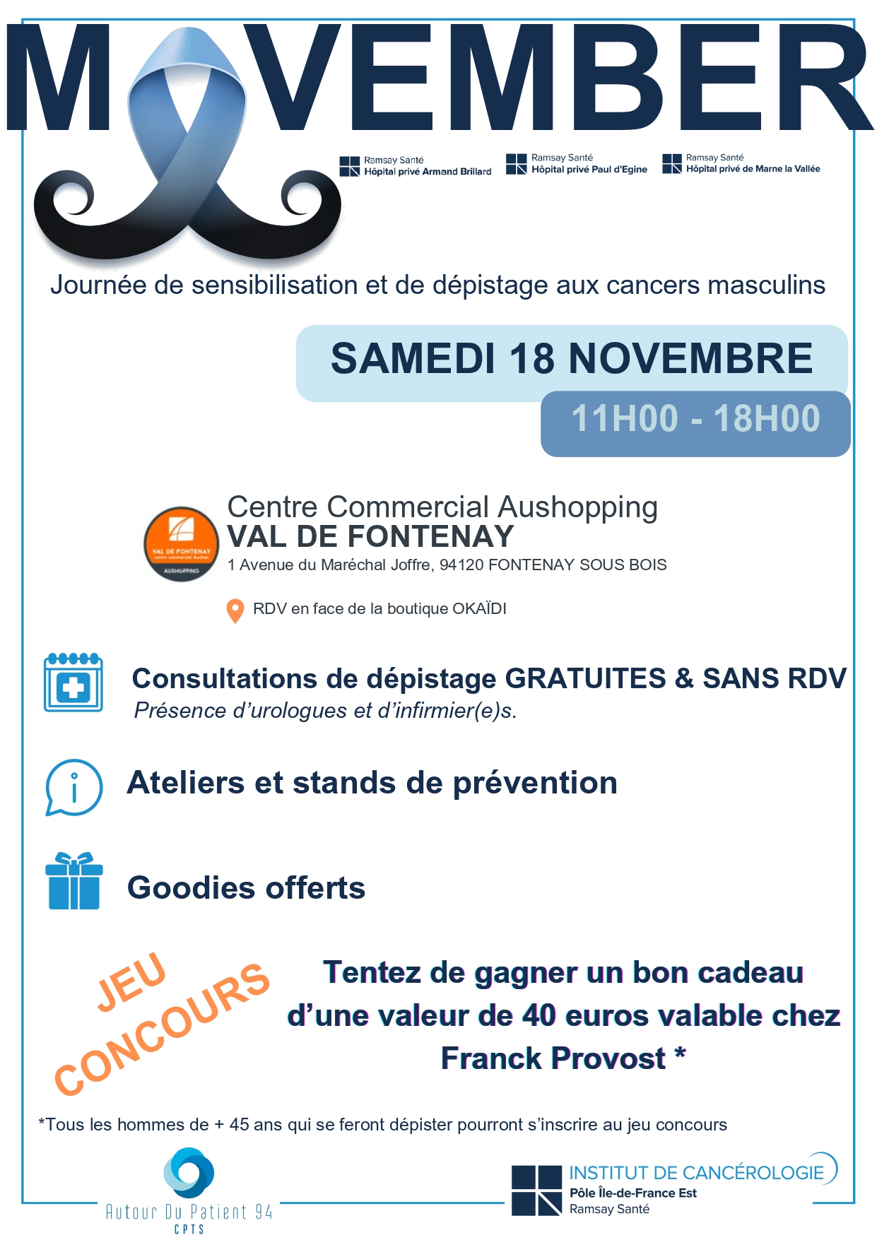 Affiche Movember au centre commercial Aushopping Val de Fontenay samedi 18 novembre de 11h à 18h